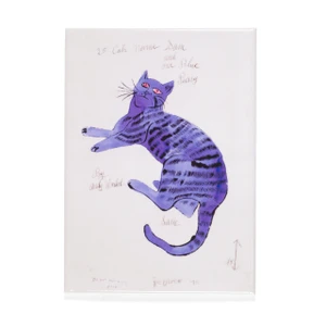 A rectangular magnet, drawing of a purple cat in the center.