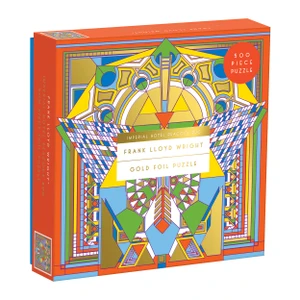 The Frank Lloyd Wright Imperial Hotel Peacock Rug 500 Piece Foil Puzzle brings shiny new glamour to the rug design. The gold foil embellishments on this puzzle bring the luxurious deco era back to life, piece by piece.