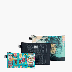 Image of a set of three zippered pouches printed with the work of Jean-Michel Basquiat, feature each size of the set, small, medium and large. Image of a set of three zippered pouches printed with the work of Jean-Michel Basquiat, feature each size of the set, small, medium and large.