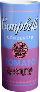 Image of a porcelain vase with a blue and purple Campbell's Tomato Soup can label. Image of a porcelain vase with a blue and purple Campbell's Tomato Soup can label.