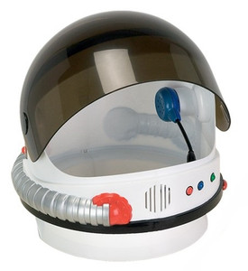 A white toy astronaut helmet with the visor lifted