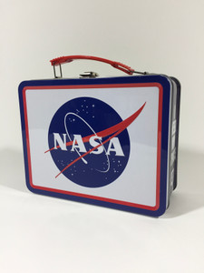 This image shows a nostalgic looking metal lunch box. The large sides have a white background with the NASA logo. The sides have a multi color galaxy background with the words I need my space. This image shows a nostalgic looking metal lunch box. The large sides have a white background with the NASA logo. The sides have a multi color galaxy background with the words I need my space.