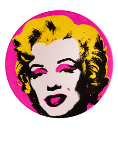 Image of a plate printed with Marilyn Monroe's face in pale pink, with hot pink makeup and yellow hair on a hot pink background. Image of a plate printed with Marilyn Monroe's face in pale pink, with hot pink makeup and yellow hair on a hot pink background.