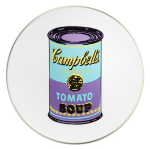 A Pop image of a Campbells Tomato Soup can in turquoise and purple on a white plate A Pop image of a Campbells Tomato Soup can in turquoise and purple on a white plate