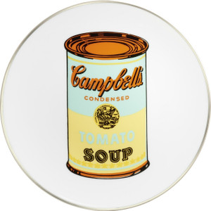 A Pop image of a Campbells Tomato Soup can in yellow and light blue on a white plate A Pop image of a Campbells Tomato Soup can in yellow and light blue on a white plate
