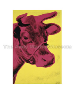 A hot pink cow's head on yellow background A hot pink cow's head on yellow background
