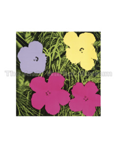 Four colorful "pop" flowers on a green background; 1 lavender, 1 yellow and 2 hot pink. Four colorful "pop" flowers on a green background; 1 lavender, 1 yellow and 2 hot pink.