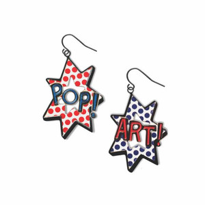 image of a pair of earrings with the words POP in blue and ART in red. image of a pair of earrings with the words POP in blue and ART in red.