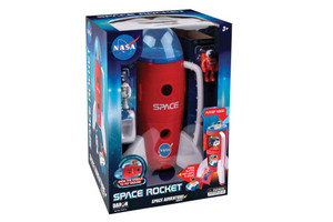 This image shows a blue and red box with a transparent panel revealing the toy rocket and accessories.