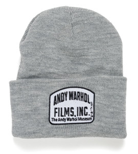 A heather gray beanie, embroidered gray and black patch with the words "Andy Warhol Films Inc" A heather gray beanie, embroidered gray and black patch with the words "Andy Warhol Films Inc"