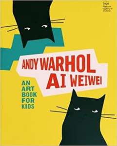 A book cover with black cats on yellow, with the title "Andy Warhol and Ai Weiwei: An Art Book for Kids." A book cover with black cats on yellow, with the title "Andy Warhol and Ai Weiwei: An Art Book for Kids."