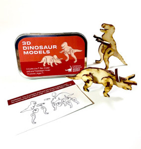 T-Rex and Triceratops 3D wood puzzle with instructions and tin. T-Rex and Triceratops 3D wood puzzle with instructions and tin.