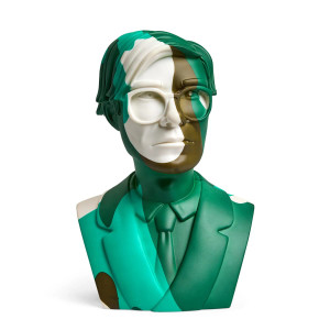 A bust of Andy Warhol covered in his camouflage in shades of green A bust of Andy Warhol covered in his camouflage in shades of green