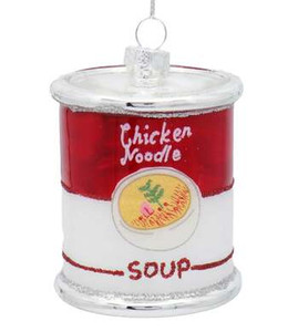 Cylinder shaped ornament, half red and half white. White lettering is covering the front saying "chicken noodle soup"