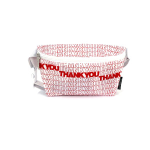 Front view of the "thank you" print fanny pack. Front view of the "thank you" print fanny pack.