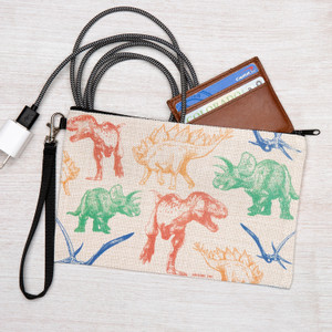 Dinosaur Wristlet, polyester linen natural base tone with assorted dinosaurs in various colors with a zippered closure. Dinosaur Wristlet, polyester linen natural base tone with assorted dinosaurs in various colors with a zippered closure.