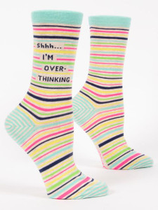 A pair of socks with bright stripes and the phrase "Shhh I'm Over Thinking" A pair of socks with bright stripes and the phrase "Shhh I'm Over Thinking"