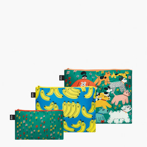 Three zipper pouches of various sizes. Two green and one blue. Three zipper pouches of various sizes. Two green and one blue.
