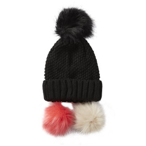 Black beanie with black, pink, and cream interchangeable pom poms. Black beanie with black, pink, and cream interchangeable pom poms.