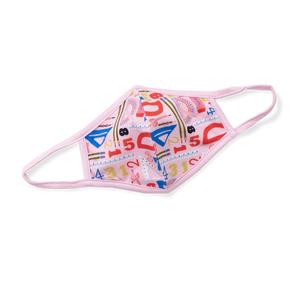Light pink face mask with colorful geometric shapes. Light pink face mask with colorful geometric shapes.
