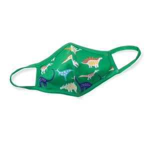 Green face mask featuring various dinosaurs. Green face mask featuring various dinosaurs.