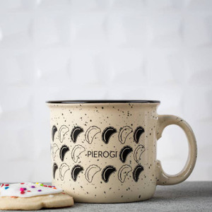 Cream-colored mug with pierogis and speckles scattered about.  "Pierogi" Cream-colored mug with pierogis and speckles scattered about.  "Pierogi"
