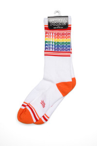 A gym sock with rows of rainbow lettering "Pittsburgh"