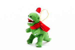 T-Rex green knit ornament with red hat with matching scarf. T-Rex green knit ornament with red hat with matching scarf.
