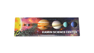 A rectangular magnet with a realistic illustration of the sun and all 8 planets with the Kamin Science Center Logo