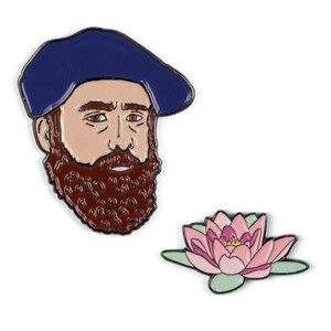 set of 2 enamel pins; one of Claude Monet, and one of a waterlily set of 2 enamel pins; one of Claude Monet, and one of a waterlily