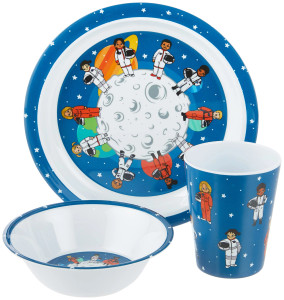 Cup has a blue background with Youth astronauts, and stars.  Plate and Bowl have blue background with youth astronauts standing on the moon, and planets in the background Cup has a blue background with Youth astronauts, and stars.  Plate and Bowl have blue background with youth astronauts standing on the moon, and planets in the background