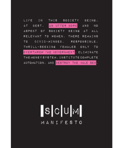 Black book cover with pink and white text and book title "SCUM Manifesto" Black book cover with pink and white text and book title "SCUM Manifesto"