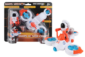An astronaut action figure on a two fan hovercraft next to the same action figure in its packaging. An astronaut action figure on a two fan hovercraft next to the same action figure in its packaging.