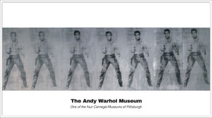 A postcard with seven images of Elvis Presley holding a gun in black on silver, with the name of The Andy Warhol Museum below. A postcard with seven images of Elvis Presley holding a gun in black on silver, with the name of The Andy Warhol Museum below.