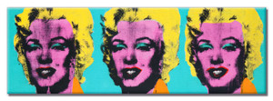 A horizontal rectangular magnet with three image of Marilyn Monroe, with a pink face and yellow hair, on a turquoise background. A horizontal rectangular magnet with three image of Marilyn Monroe, with a pink face and yellow hair, on a turquoise background.