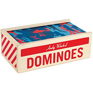 A tan wooden box with "Dominoes "printed n red, with a sliding top printed with red and blue camouflage. A tan wooden box with "Dominoes "printed n red, with a sliding top printed with red and blue camouflage.