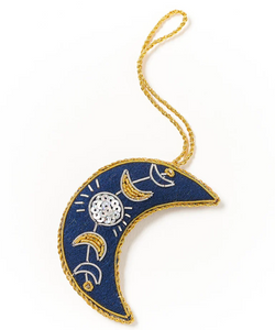 blue crescent moon, embellished with gold and silver embroidery blue crescent moon, embellished with gold and silver embroidery