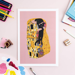 Art print inspired by Klimt's The Kiss. Instead of two people it is one person kissing their black cat. Pink background. Art print inspired by Klimt's The Kiss. Instead of two people it is one person kissing their black cat. Pink background.