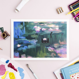 Art print of black cat with lily pad on its head peaking above water in lilypond. Art print of black cat with lily pad on its head peaking above water in lilypond.