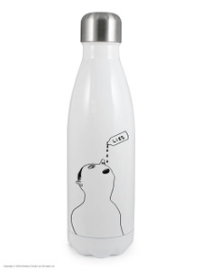 White water bottle, line illustration of a person drinking a bottle labeled "lies".