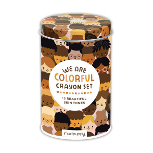 Round crayon tin, imprinted with illustrated faces of all shapes and colors. Round crayon tin, imprinted with illustrated faces of all shapes and colors.