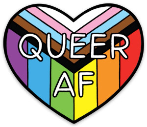Heart shaped sticker, with LGBTQ+ color ways. Text: queer AF. Heart shaped sticker, with LGBTQ+ color ways. Text: queer AF.