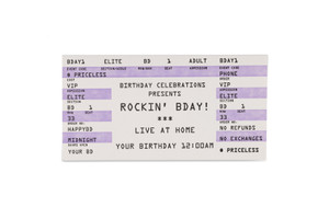 Front view of a birthday card imitating a printed concert ticket. Front view of a birthday card imitating a printed concert ticket.