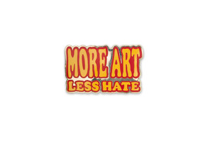 Enamel pin with yellow text and red shadow, shown on a pink background.
text: More art less hate Enamel pin with yellow text and red shadow, shown on a pink background.
text: More art less hate