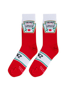A pair of red socks with the Heinz logo. A pair of red socks with the Heinz logo.