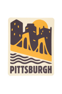 Pittsburgh city scape sticker, yellow bridge, buildings and text in dark brown, "Pittsburgh"