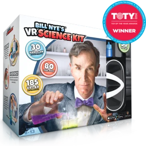 Picture of Bill Nye using Beaker, Picture of two children Doing an experiment, with one wearing the VR Headset