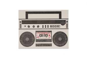 Card with a boom box illustration, text on mixtape "it's your birthday".