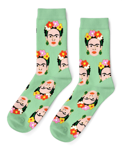 Mint green crew socks decorated with multiple Frida Kahlo heads. Mint green crew socks decorated with multiple Frida Kahlo heads.