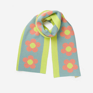 Scarf with stone blue stripe, neon green stripe and pink flowers. Scarf with stone blue stripe, neon green stripe and pink flowers.